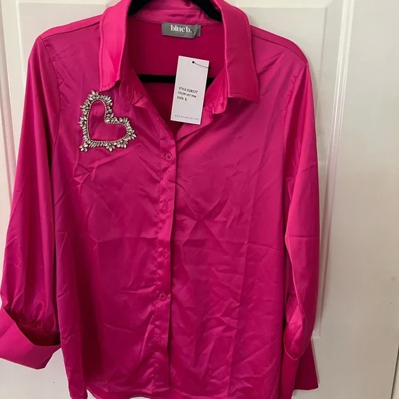 Blue B. Tops | Barbie Hot Pink Stretch Satin Rhinestone Encrusted Heart Button Down Top | Color: Pink | Size: L | Buff13'S Closet